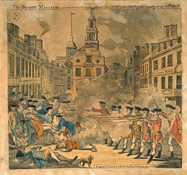 El famoso grabado "La masacre sangrienta perpetrada en King Street" publicado por Paul Revere.
